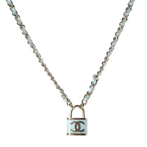 chanel calfskin metal padlock necklace gold iridescent blue|CHANEL Calfskin Metal Padlock Necklace Gold Iridescent Blue .